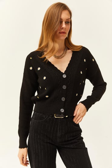 Kadın Siyah Triko Çiçekli Hırka - 10616