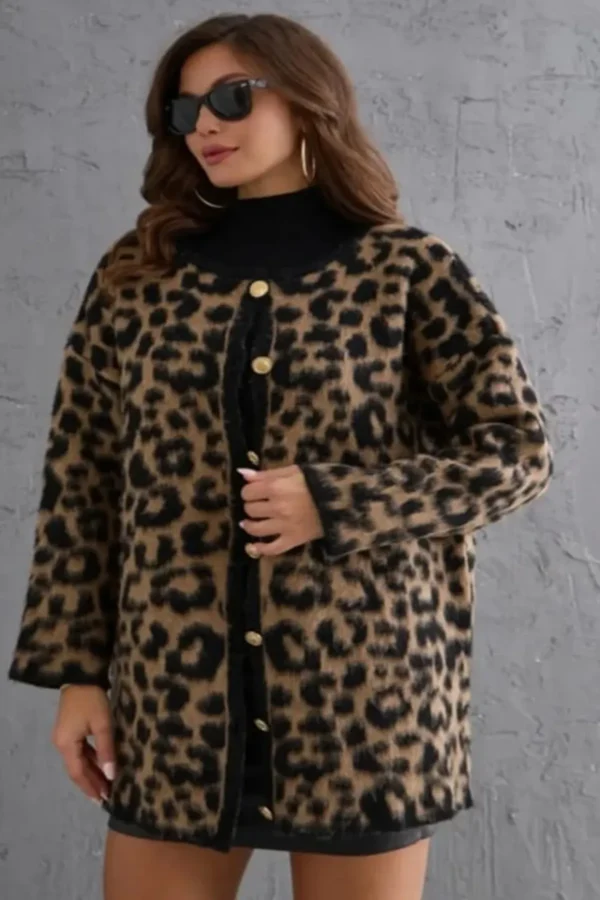 Kadın Bisiklet Yaka Kahverengi Leopar Desenli Yünlü Desenli Hırka - 10622