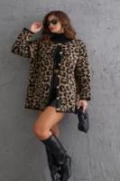 Kadın Bisiklet Yaka Kahverengi Leopar Desenli Yünlü Desenli Hırka - 10622