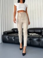 Kadın Bej Önü İp Detaylı Deri Tayt - 10630