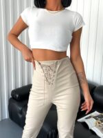 Kadın Bej Önü İp Detaylı Deri Tayt - 10630