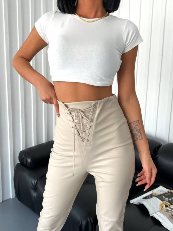 Kadın Bej Önü İp Detaylı Deri Tayt - 10630