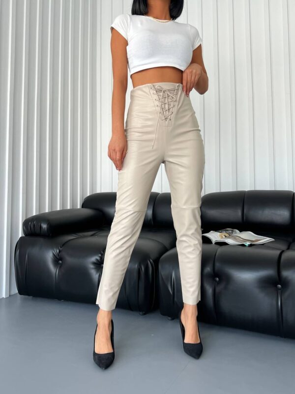 Kadın Bej Önü İp Detaylı Deri Tayt - 10630