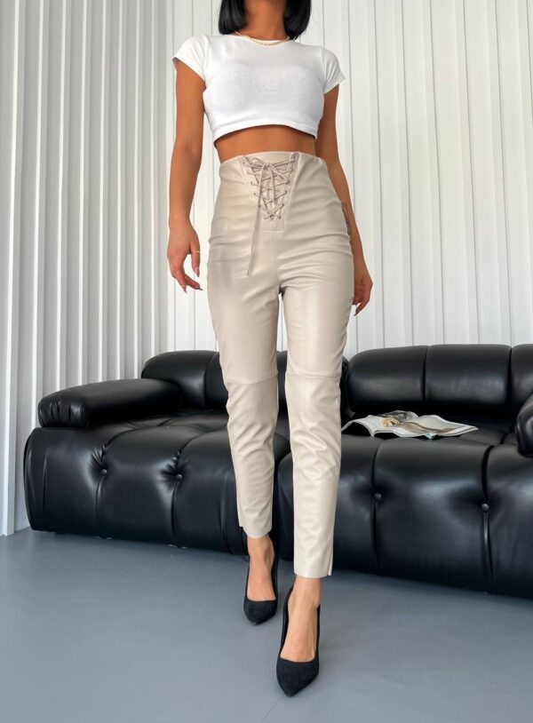 Kadın Bej Önü İp Detaylı Deri Tayt - 10630