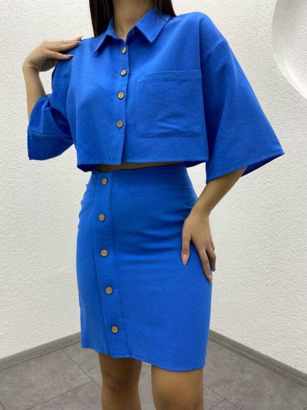 Kadın Mavi Keten Etek - 10645