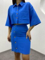 Kadın Mavi Keten Etek ve Gömleği Düğme Detaylı Gömlek Etek Takım - 10646