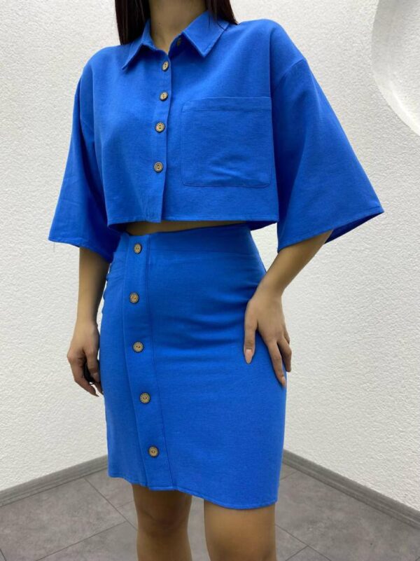 Kadın Mavi Keten Etek ve Gömleği Düğme Detaylı Gömlek Etek Takım - 10646