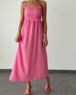 Kadın Zr Model Pembe Lastikli Keten Elbise - 10651