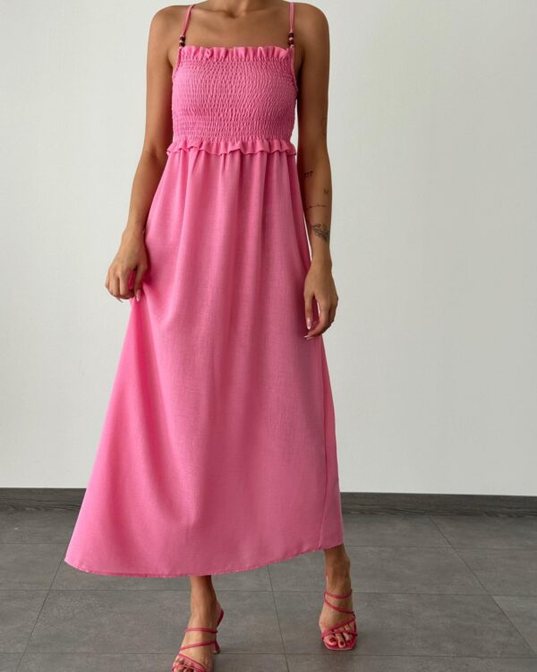 Kadın Zr Model Pembe Lastikli Keten Elbise - 10651