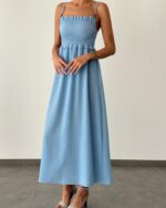 Kadın Mavi Büzgü Detaylı Midi Elbise - 10664