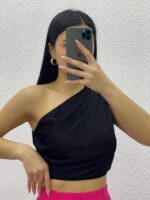 Kadın Siyah Asimetrik Piliseli Crop Top Bluz  - 10667