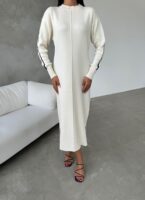 Kadın Krem Çımalı Kolu Şerit Detaylı Triko Elbise - E-10679