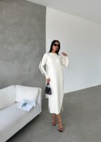 Kadın Krem Çımalı Kolu Şerit Detaylı Triko Elbise - E-10679