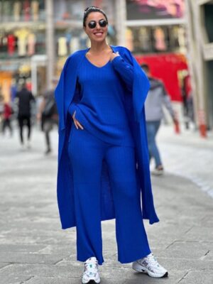 Kadın Mavi Düz Geniş Paça Üçlü Kimono Takımı - E-10689