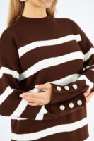 Uzun Kollu Düşük Omuz Bisiklet Yaka Kolu Düğme Detaylı Midi Boy Çizgili Kahve Triko Elbise - E-10704