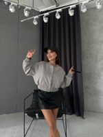 Kadın Gri Crop Bomber Ceket - 10705