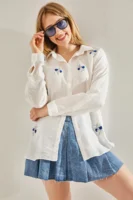 Kadın Beyaz Lacivert Nakış Taş Işlemeli Keten Ayrobin Oversize Gömlek - 10741