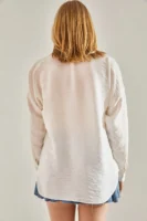 Kadın Beyaz Lacivert Nakış Taş Işlemeli Keten Ayrobin Oversize Gömlek - 10741