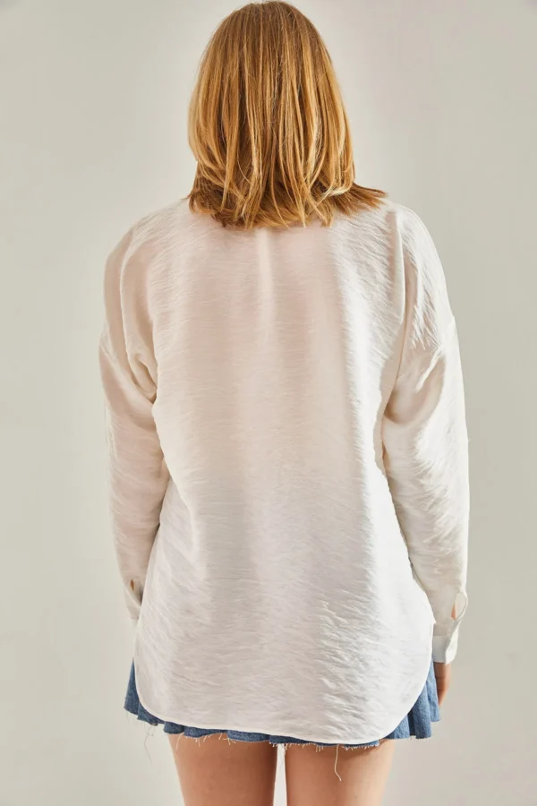 Kadın Beyaz Lacivert Nakış Taş Işlemeli Keten Ayrobin Oversize Gömlek - 10741