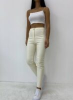 Kadın Bej Paça Gizli Fermuarlı Deri Pantolon - 10742