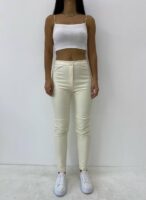 Kadın Bej Paça Gizli Fermuarlı Deri Pantolon - 10742