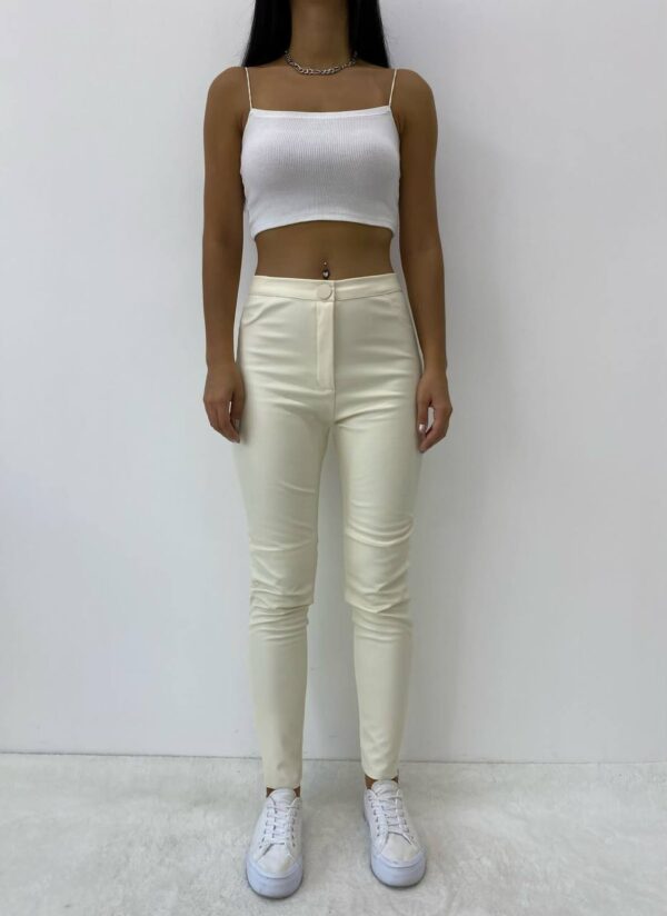 Kadın Bej Paça Gizli Fermuarlı Deri Pantolon - 10742