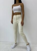 Kadın Bej Paça Gizli Fermuarlı Deri Pantolon - 10742