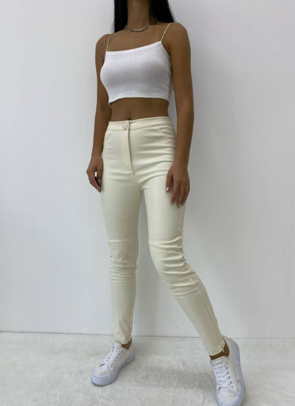 Kadın Bej Paça Gizli Fermuarlı Deri Pantolon - 10742