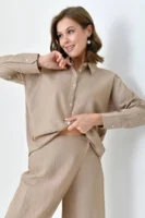 Kadın Sütlü Kahve Gömlek Etekli Pantolon Takım - 10747