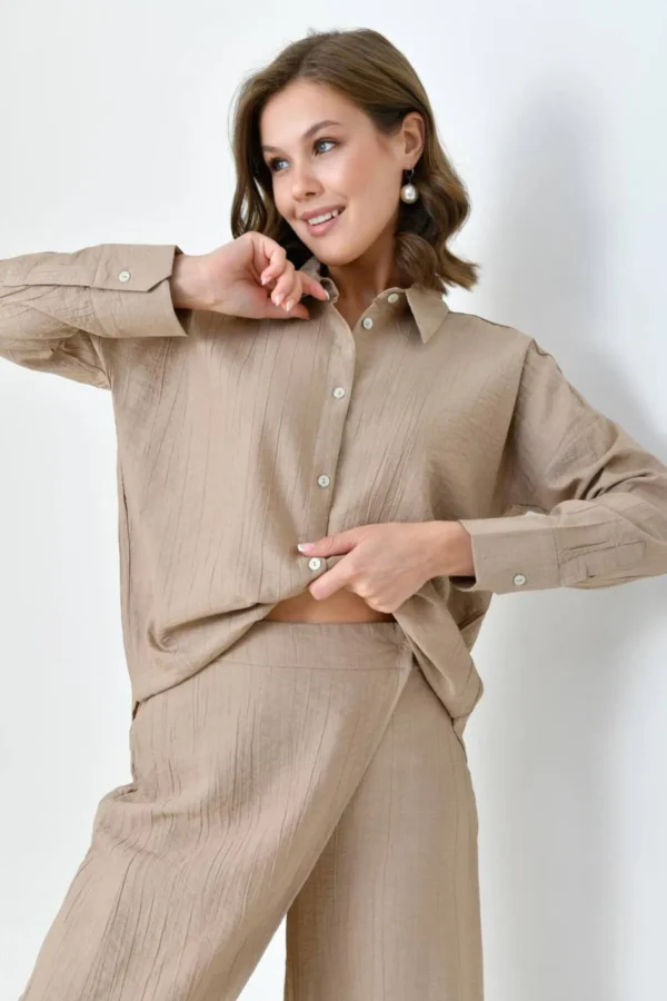 Kadın Sütlü Kahve Gömlek Etekli Pantolon Takım - 10747