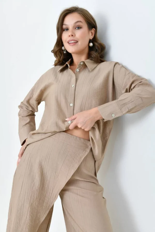 Kadın Sütlü Kahve Gömlek Etekli Pantolon Takım - 10747