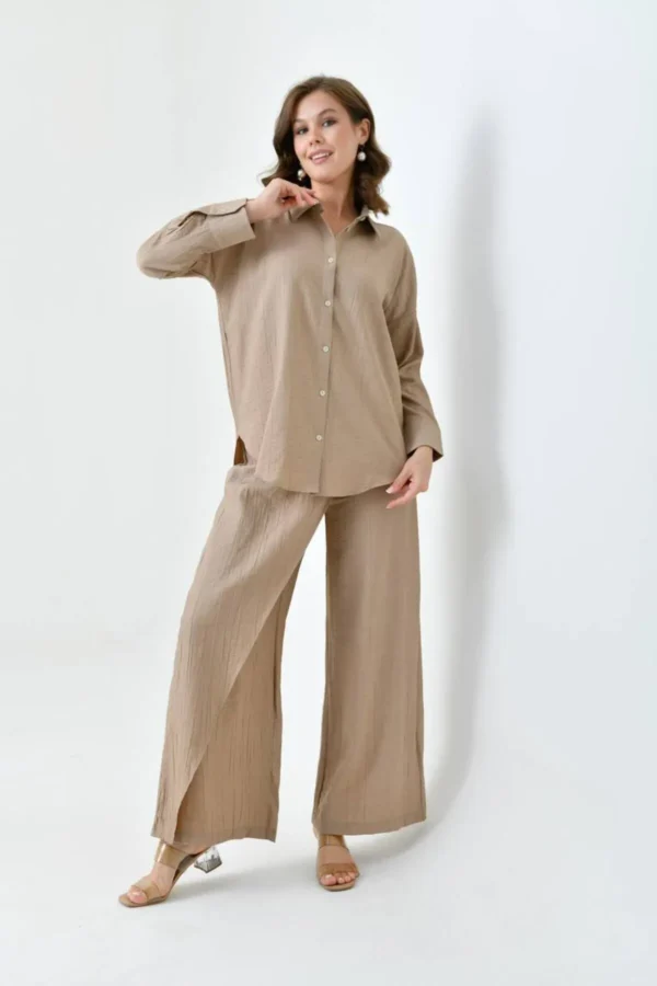 Kadın Sütlü Kahve Gömlek Etekli Pantolon Takım - 10747