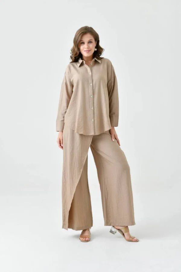 Kadın Sütlü Kahve Gömlek Etekli Pantolon Takım - 10747