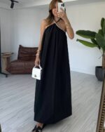 Kadın Siyah Yakası İncili Elbise - 10748