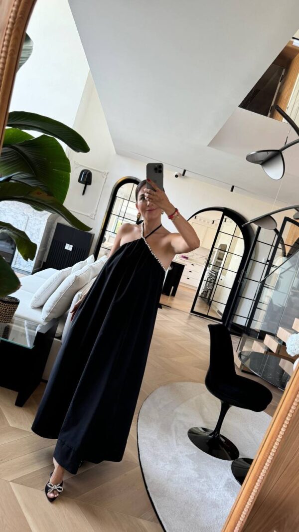 Kadın Siyah Yakası İncili Elbise - 10748