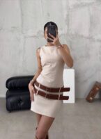 Kadın Bej Sıfır Kollu Pinterest Muadil ZR Model Bele Oturan Uzun Elbise - 10640