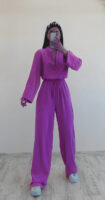 Kadın Lila Dubai Kumaş V Yaka Bluz Pantolon Takım - 10652