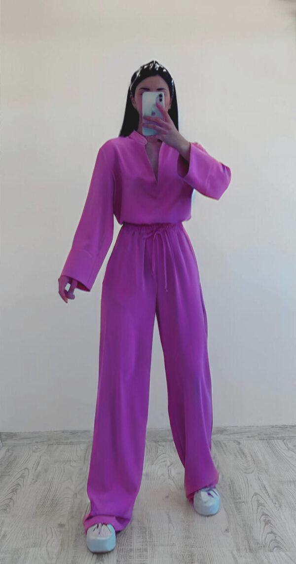 Kadın Lila Dubai Kumaş V Yaka Bluz Pantolon Takım - 10652