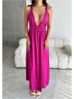 Fuşya Belden Oturtmalı Sırt Detayı Çapraz Kalın Askılı Ipek-saten Elbise - 10725