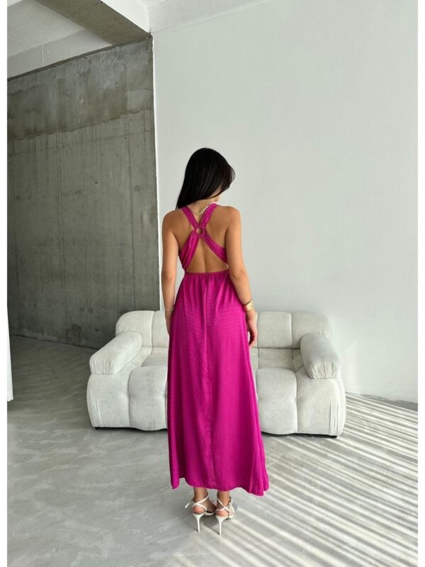 Fuşya Belden Oturtmalı Sırt Detayı Çapraz Kalın Askılı Ipek-saten Elbise - 10725