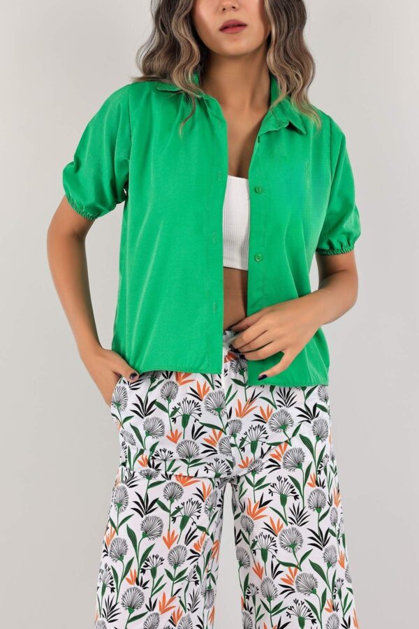 Kadın Yeşil Kolu Lastikli Crop Gömlek - 10762