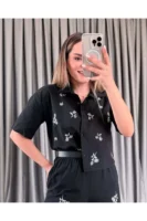 Kadın Siyah ZR Model Taş İşlemeli Keten Gömlek - 10783