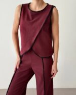 Kadın Bordo Çizgili Yırtmaçlı Pantolon - 10787