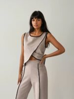 Kadın Bordo Bisiklet Yaka Asimetrik Bluz Pantolon Takım - 10795