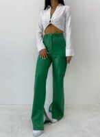 Kadın Yeşil Deri Yırtmaçlı Pantolon - 10819