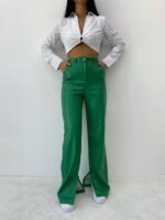 Kadın Yeşil Deri Yırtmaçlı Pantolon - 10819