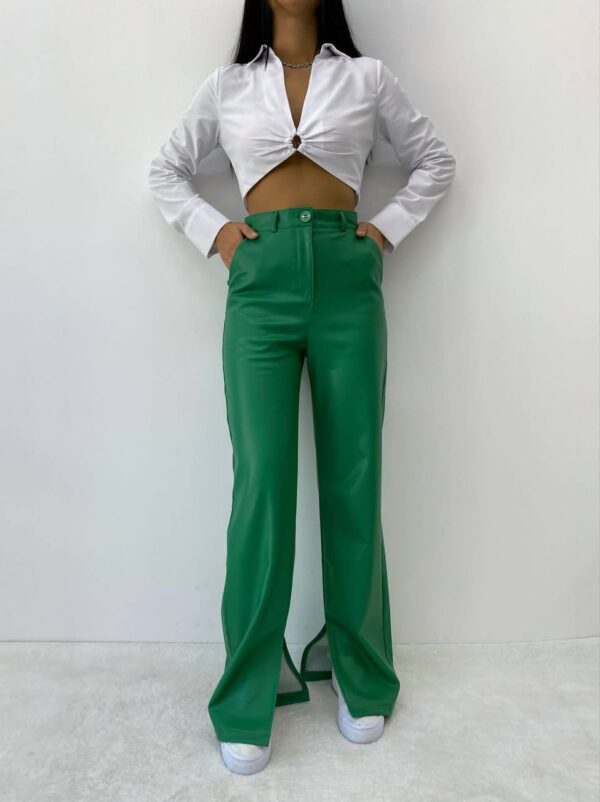 Kadın Yeşil Deri Yırtmaçlı Pantolon - 10819