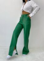 Kadın Yeşil Deri Yırtmaçlı Pantolon - 10819