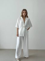 Kadın Beyaz Gold Düğmeli Ceket Pantolon Takım - 10822