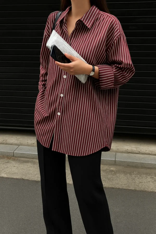 Kadın Bordo Çizgili Uzun Poplin Gömlek - 10827